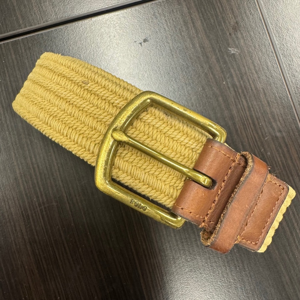 Polo Ralph Lauren Belt Mens 32 Yellow Good Woven Cord Leather Brass Buckle